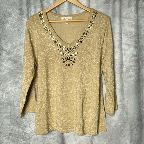 JM Collection Gold 3/4 Sleeve Beaded V-neck Sweater - size Large - Picture 6 of 10